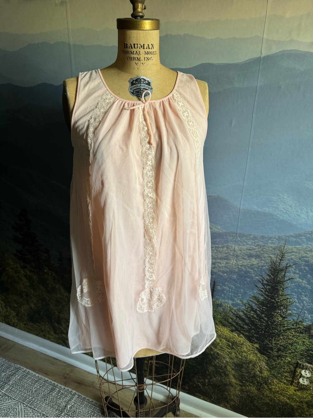 Vintage babydoll sheer Lace-Trim Sleep Chemise - Blush Pink